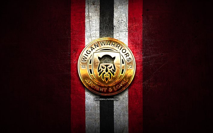 Wigan Warriors, golden logo, SLE, red metal background, english rugby club, Wigan Warriors logo, rugby