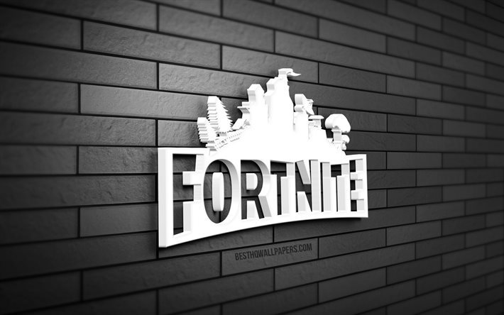 Logotipo Fortnite 3D, 4K, parede de tijolos cinza, criativo, jogos online, logotipo Fortnite, arte 3D, Fortnite