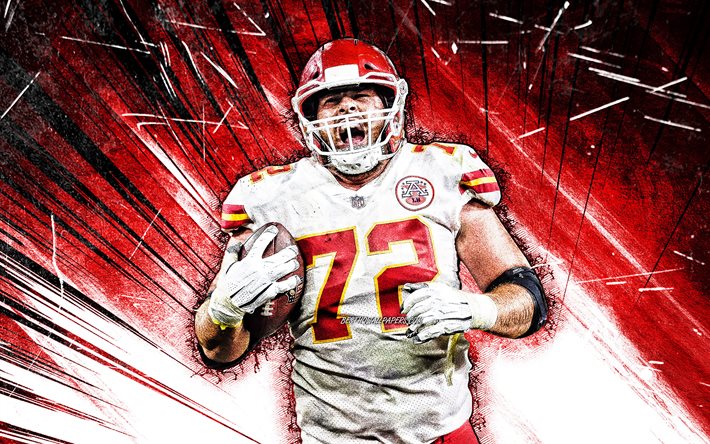 4k, Eric Fisher, art grunge, Kansas City Chiefs, football am&#233;ricain, NFL, Eric William Fisher, KC Chiefs, Eric Fisher 4K, rayons abstraits rouges, Eric Fisher KC Chiefs