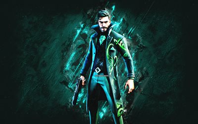 Fortnite Green Tailor Skin, Fortnite, main characters, turquoise stone background, Green Tailor, Fortnite skins, Green Tailor Skin, Green TailorFortnite, Fortnite characters
