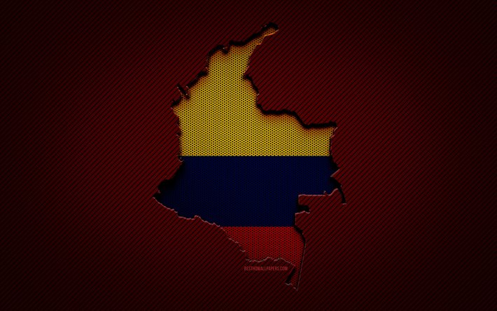 Kolombiya haritası, 4k, G&#252;ney Amerika &#252;lkeleri, Kolombiya bayrağı, kırmızı karbon arka plan, Kolombiya harita silueti, G&#252;ney Amerika, Kolombiya, bayrak