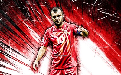 4k, Goran Pandev, grunge-taide, Pohjois-Makedonian maajoukkue, jalkapallo, jalkapalloilijat, punaiset abstraktit s&#228;teet, Makedonian jalkapallojoukkue, Goran Pandev 4K