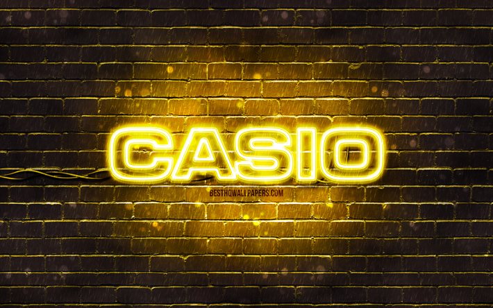 Logotipo da Casio amarelo, 4k, parede de tijolos amarela, logotipo da Casio, marcas, logotipo da Casio neon, Casio