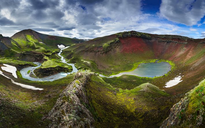 Fjallabak, montanhas, tempo nublado, ver&#227;o, bela natureza, Isl&#226;ndia, Europa