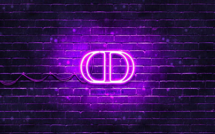 christian dior violet logo, 4k, violet brickwall, christian dior logo, modemarken, christian dior neon logo, christian dior