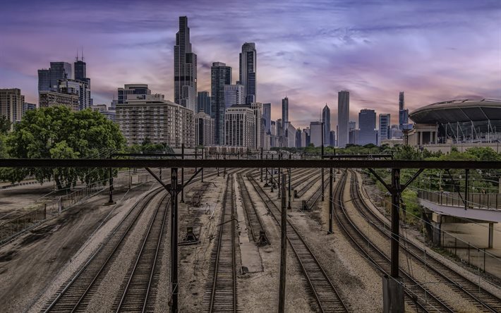 Chicago, tarde, puesta de sol, rascacielos de Chicago, rieles, paisaje urbano de Chicago, Illinois, EE