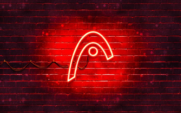 Testa logo rosso, 4k, muro di mattoni rosso, logo testa, marchi, logo testa neon, testa