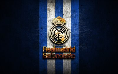 Real Madrid Baloncesto, golden logo, ACB, blue metal background, spanish basketball team, Real Madrid Baloncesto logo, basketball, Real Madrid Basketball