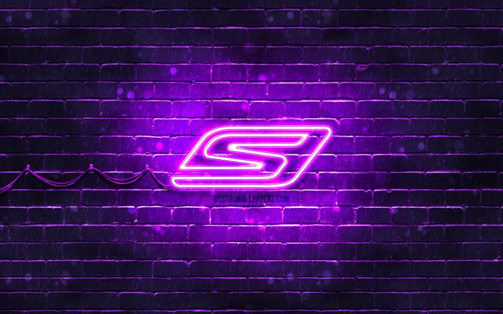 Skechers violet logo, 4k, violet brickwall, Skechers logo, brands, Skechers neon logo, Skechers