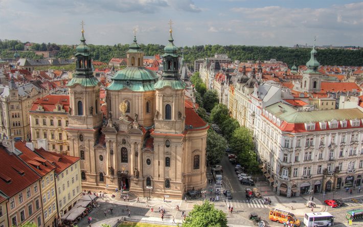 St Nicholas Kilisesi, Prag, akşam, Prag panoraması, Prag d&#246;n&#252;m noktası, kilise, Prag şehir, &#199;ek Cumhuriyeti