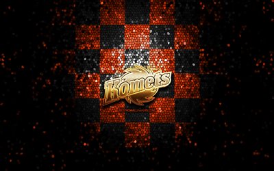 Fort Wayne Komets, logotipo com glitter, ECHL, fundo laranja preto quadriculado, h&#243;quei, time americano de h&#243;quei, logotipo do Fort Wayne Komets, arte em mosaico