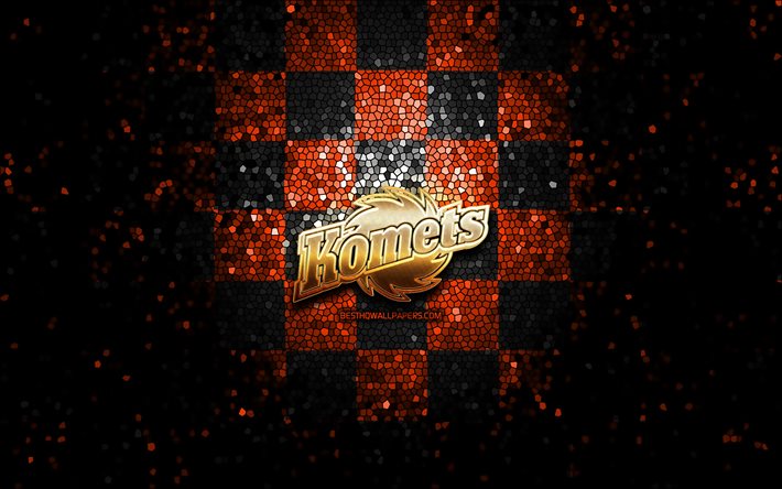 Fort Wayne Komets, glitter logo, ECHL, orange black checkered background, hockey, american hockey team, Fort Wayne Komets logo, mosaic art
