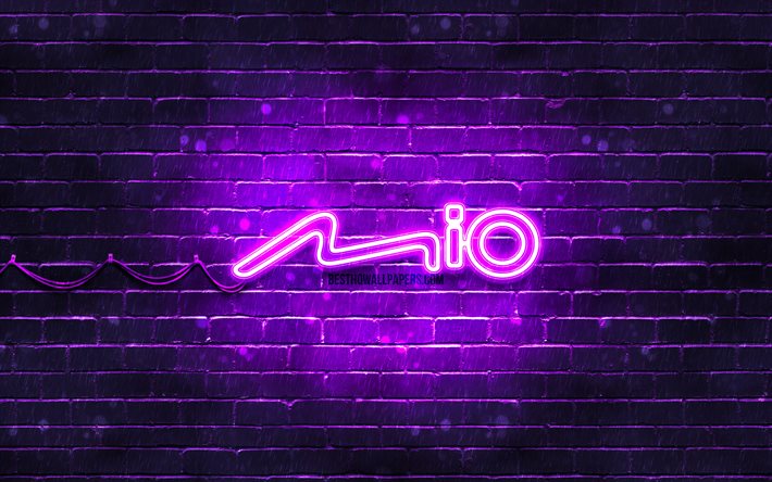 Mio violett logotyp, 4k, violett brickwall, Mio logotyp, varum&#228;rken, Mio neon logotyp, Mio