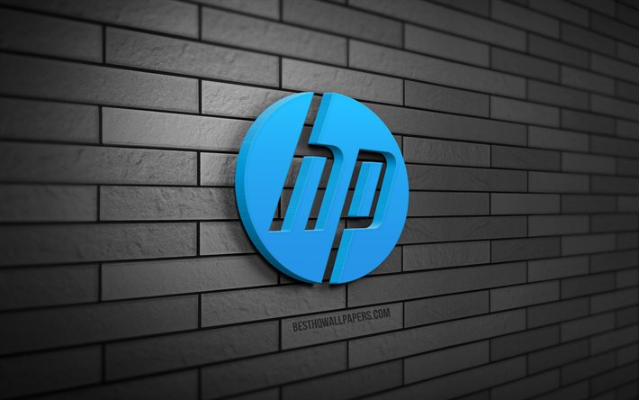 Logotipo 3D da HP, 4K, parede de tijolos cinza, Hewlett-Packard, criativo, marcas, logotipo da HP, arte 3D, HP, logotipo da Hewlett-Packard