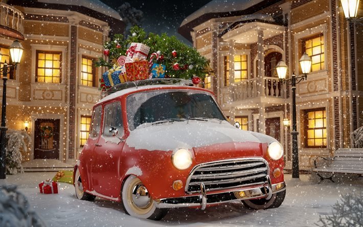 Christmas, gifts, New Year, car with gifts, 2017, Christmas Tree, New Years Eve