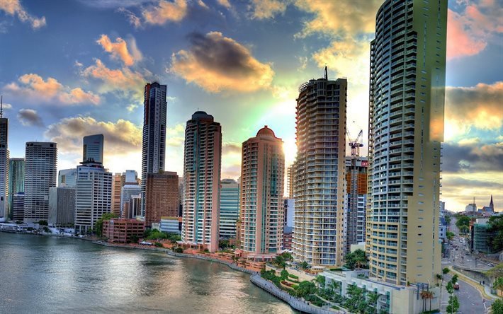 Brisbane, 4k, puesta de sol, los edificios, Queensland, Australia