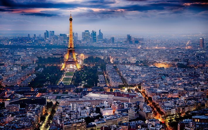 Paris, 4k, panorama, akşam, şehir, Eyfel Kulesi, Fransa