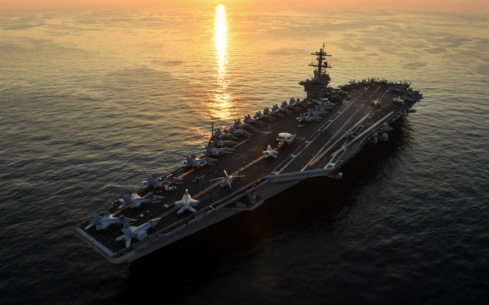 USS Theodore Roosevelt, CVN-71, American aircraft carrier, warship, top view, deck of an aircraft carrier, USA, sunset, ocean