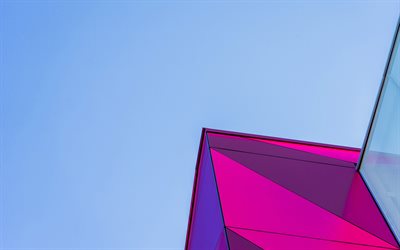 glass facade, purple abstraction, shopping center, blue sky