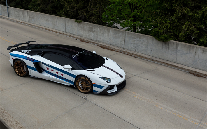 Lamborghini Aventador, valkoinen superauto, urheilu coupe, Aventador tuning, Chicago Ralli Autoja