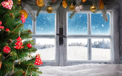 inverno, 4k, Natale, Felice Anno Nuovo, finestra, decorazioni natalizie, natale, neve