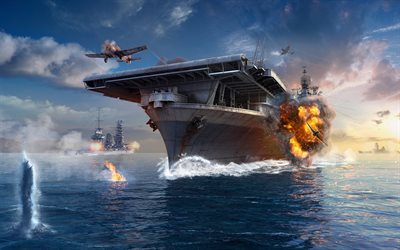 WoWS, aircraft carrier, fighter aircraft, battle, World of Warships