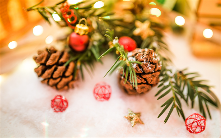 weihnachten, 4k, beulen, fir-tree, happy new year, frohe weihnachten, bokeh, neujahr