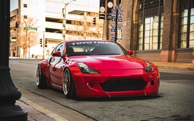 Nissan 350Z, tuning, lowrider, red 350Z, Japanese sports cars, Nissan
