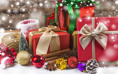 Christmas, presents, cones, New Year, Christmas balls, decoration