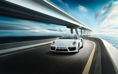 La Porsche 911 Turbo S, 4k, de la route, en 2017, les voitures, le flou de mouvement, supercars, Porsche