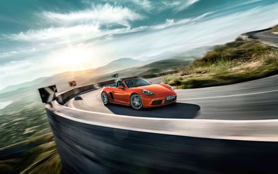 Porsche718Boxster S, 2018, オレンジスポーツクーペ, 蛇紋岩山, 道路, 速度, ポルシェ