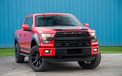 Ford F-150, 2017, Roush, 4k, red pickup, SUV, American cars, tuning F-150, Ford