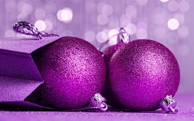 purple christmas balls, 2018, New Year, Christmas, holiday decorations