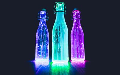 colorido garrafas, 4k, luzes de neon, trevas, garrafas