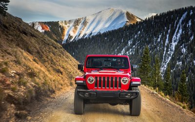 Jeep Wranglerルビコン, 2018, 赤SUV, アメリカ車, 山道, 米国, 山々, ジープ