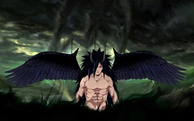 Uchiha Madara, Naruto, black wings, male characters, Japanese manga