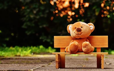 teddy bear, 4k, bench, park, creative, toy