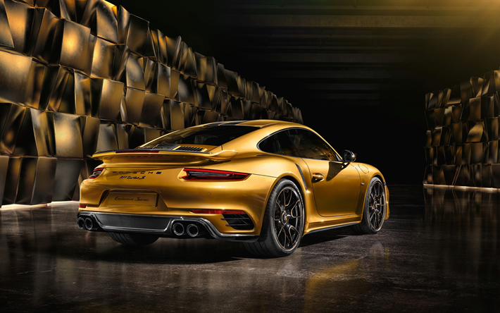 Porsche 911 Turbo S, 2017, gold sports coupe, black wheels, tuning, German cars, Porsche