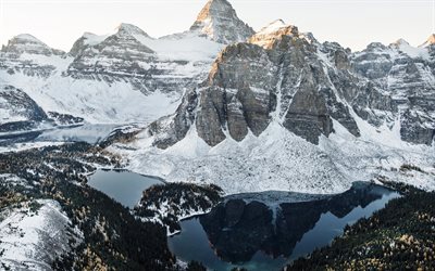 paisaje de invierno, monta&#241;as rocosas, Canad&#225;, nieve, invierno, monta&#241;a, lago