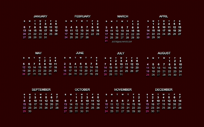 الأحمر 2019 التقويم, 2019 أشهر, الأحمر شبكة معدنية, 2019 المفاهيم, الإبداعية 2019 التقويم