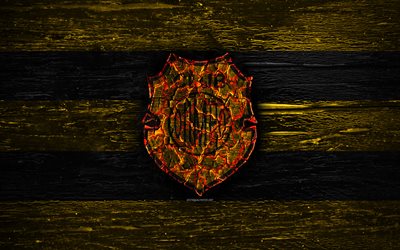 Olimpo FC, fire logo, Argentine Primera Division, yellow and black lines, Argentinean football club, AAAJ, Argentina Superliga, football, soccer, logo, Club Olimpo, wooden texture, Argentina