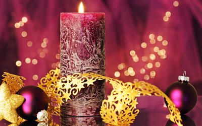 Purple Christmas background, New Year, purple large candle, 2019, burning candle, Merry Christmas, purple Christmas balls