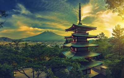 Mount Fuji, Chureito Pagoda, beautiful nature, mountains, Fujiyama, stratovolcano, Fujisan, japanese landmarks, Fujiyoshida, Japan, Asia