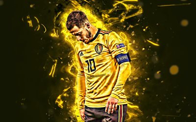 Eden Hazard, keltainen yhten&#228;inen, Belgian Maajoukkueen, eteenp&#228;in, Vaaran, jalkapallo, jalkapalloilijat, neon valot, Belgian jalkapallo joukkue