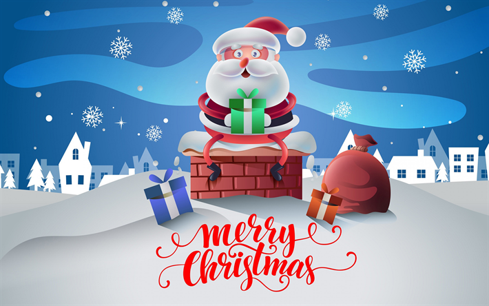 Buon Natale, 3d, Babbo Natale, il tetto di una casa, camino, inverno, neve, Nuovo Anno, paesaggio