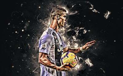Ronaldo, striker, CR7 Juve, Bianconeri, portuguese footballers, Ronaldo with ball, Juventus FC, abstract art, soccer, Serie A, Cristiano Ronaldo, neon lights, CR7