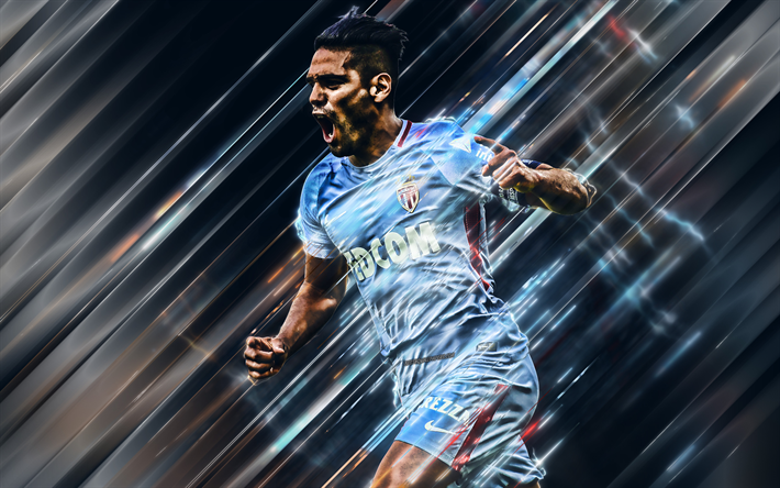 Radamel Falcao, 4k, AS Monaco, Kolumbialainen jalkapalloilija, creative art, ter&#228;t tyyli, League 1, Ranska, sininen tausta, linjat art, jalkapallo, Falcao