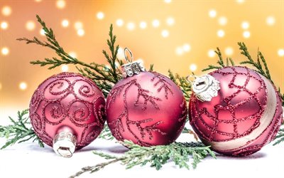 Roxo bolas de Natal, Ano Novo, Violeta de Natal de fundo, decora&#231;&#227;o, inverno, neve