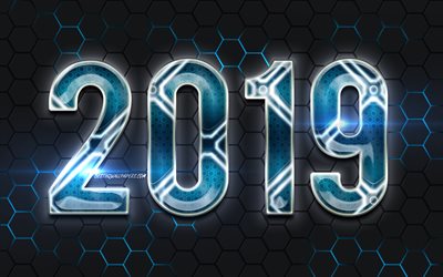 2019 blue digits, metal grid background, Happy New Year 2019, blue digits, 2019 digital art, 2019 concepts, 2019 on black background, 2019 year digits