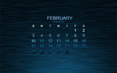 De fevereiro de 2019 calend&#225;rio, metal azul de fundo, 2019 conceitos, calend&#225;rios, Fevereiro 2019, metal azul letras, criativo 2019 arte